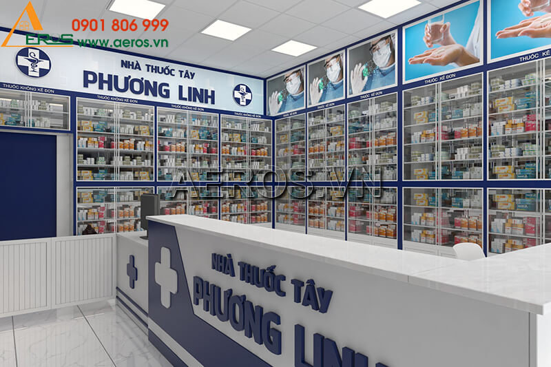 Thiết kế tủ quầy nhôm kính nhà thuốc tây GPP Phương Linh tại Diệp Minh Châu, Tây Ninh