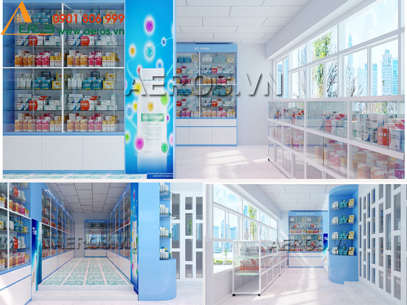 Hình ảnh thiết kế thi công tủ quầy nhà thuốc nhôm kính cho anh Thanh tại Long An